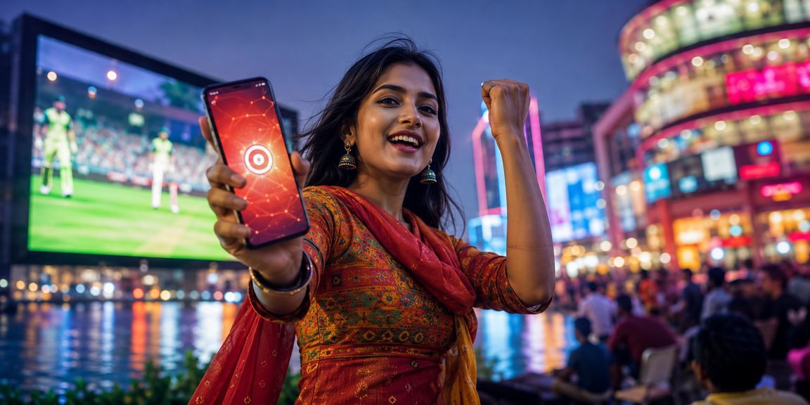 ঢাকায় নিয়ন আলোয় মোবাইলে গেমস খেলছেন একজন তরুণ ব্যবহারকারী